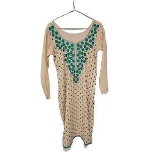 Vintage Cultural Kurta Sheath Floral Pink Green Sheath Indian Dress Sz Small